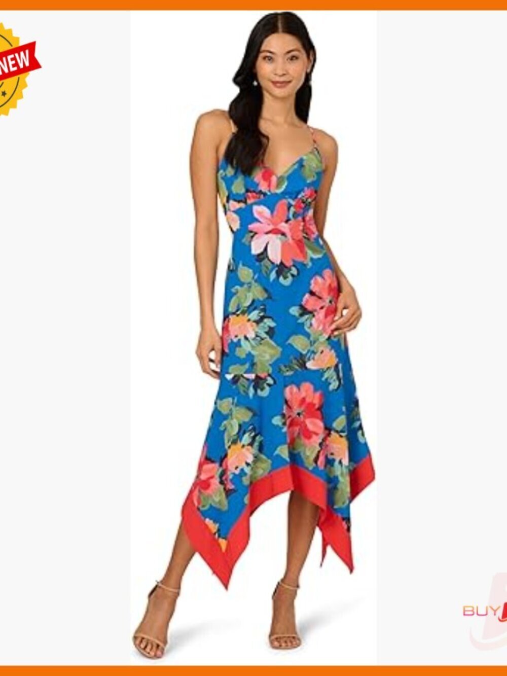 Floral Chiffon Midi Dress with Spaghetti Straps and Handkerchief Hem